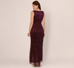 Adrianna Papell Wedding Guest Dresses|Formal Dresses*Metallic Mesh Faux Wrap Gown With Ruffle Accents In Burgundy Gold