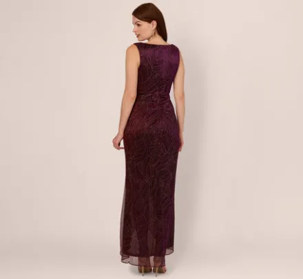 Adrianna Papell Wedding Guest Dresses|Formal Dresses*Metallic Mesh Faux Wrap Gown With Ruffle Accents In Burgundy Gold