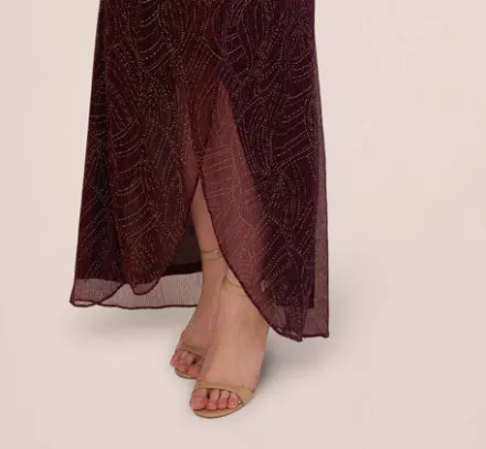 Adrianna Papell Wedding Guest Dresses|Formal Dresses*Metallic Mesh Faux Wrap Gown With Ruffle Accents In Burgundy Gold