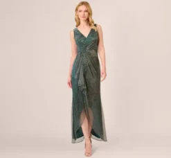 Adrianna Papell Wedding Guest Dresses|Formal Dresses*Metallic Mesh Faux Wrap Gown With Ruffle Accents In