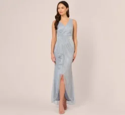 Adrianna Papell Wedding Guest Dresses|Formal Dresses*Metallic Mesh Faux Wrap Gown With Ruffle Accents In Sky Blue