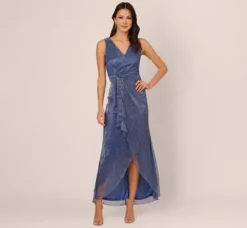 Adrianna Papell Wedding Guest Dresses|Formal Dresses*Metallic Mesh Faux Wrap Gown With Ruffle Accents In Light Navy