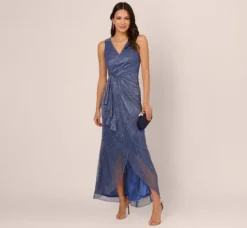 Adrianna Papell Wedding Guest Dresses|Formal Dresses*Metallic Mesh Faux Wrap Gown With Ruffle Accents In Light Navy