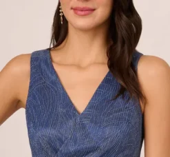Adrianna Papell Wedding Guest Dresses|Formal Dresses*Metallic Mesh Faux Wrap Gown With Ruffle Accents In Light Navy