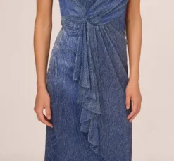 Adrianna Papell Wedding Guest Dresses|Formal Dresses*Metallic Mesh Faux Wrap Gown With Ruffle Accents In Light Navy