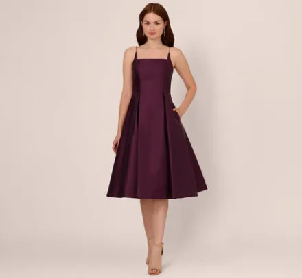 Adrianna Papell Wedding Guest Dresses|Petite-Friendly*Mikado Midi Dress With Beaded Spaghetti Straps In Pinot Noir