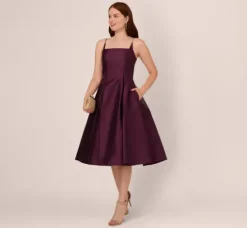 Adrianna Papell Wedding Guest Dresses|Petite-Friendly*Mikado Midi Dress With Beaded Spaghetti Straps In Pinot Noir