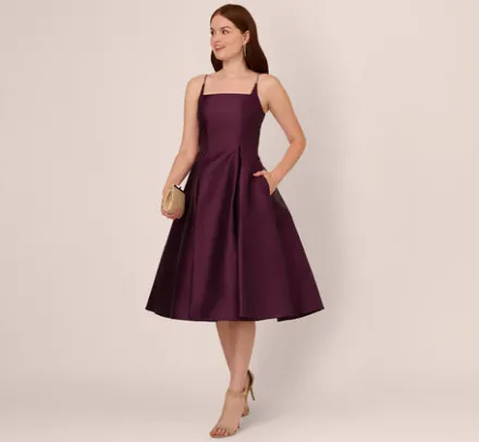 Adrianna Papell Wedding Guest Dresses|Petite-Friendly*Mikado Midi Dress With Beaded Spaghetti Straps In Pinot Noir