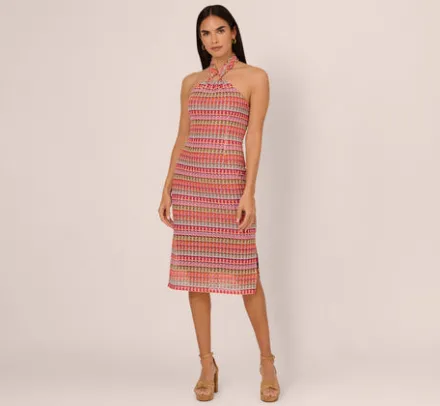 Adrianna Papell Wedding Guest Dresses|Day Dresses*Multicolor Crochet Midi Dress With Halter Neckline In Purple Multi