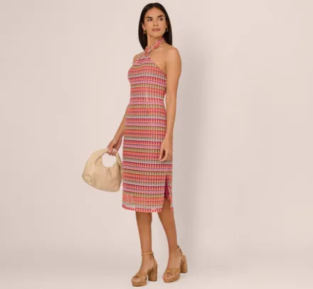 Adrianna Papell Wedding Guest Dresses|Day Dresses*Multicolor Crochet Midi Dress With Halter Neckline In Purple Multi