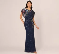 Adrianna Papell Wedding Guest Dresses|Formal Dresses*Multicolor Floral Beaded Mermaid Gown With Dolman Sleeves In Midnight Multi