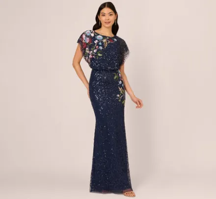 Adrianna Papell Wedding Guest Dresses|Formal Dresses*Multicolor Floral Beaded Mermaid Gown With Dolman Sleeves In Midnight Multi