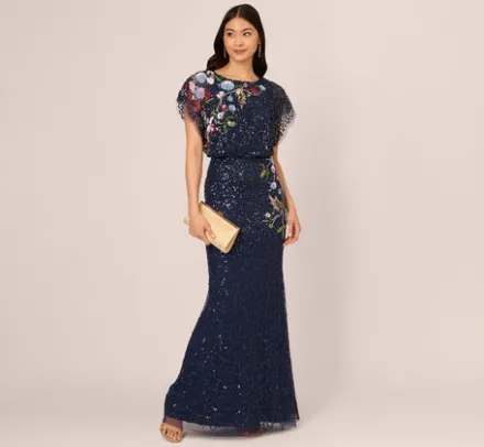 Adrianna Papell Wedding Guest Dresses|Formal Dresses*Multicolor Floral Beaded Mermaid Gown With Dolman Sleeves In Midnight Multi