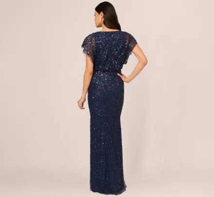 Adrianna Papell Wedding Guest Dresses|Formal Dresses*Multicolor Floral Beaded Mermaid Gown With Dolman Sleeves In Midnight Multi