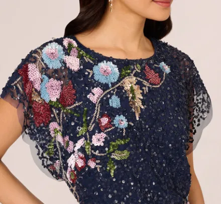 Adrianna Papell Wedding Guest Dresses|Formal Dresses*Multicolor Floral Beaded Mermaid Gown With Dolman Sleeves In Midnight Multi