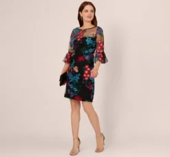 Adrianna Papell Wedding Guest Dresses|Day Dresses*Multicolor Floral Embroidered Sheath Dress With Sheer Bell Sleeves In Black Multi
