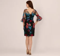 Adrianna Papell Wedding Guest Dresses|Day Dresses*Multicolor Floral Embroidered Sheath Dress With Sheer Bell Sleeves In Black Multi