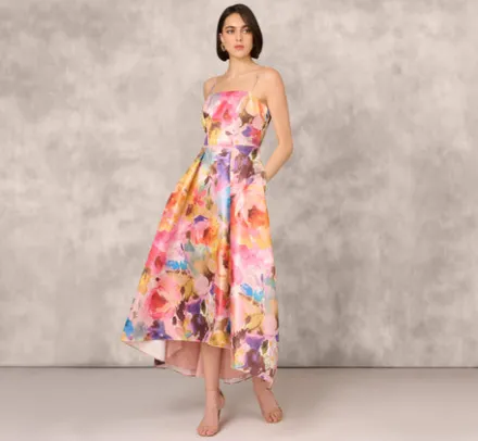 Adrianna Papell Wedding Guest Dresses|Formal Dresses*Multicolor Metallic Floral Print Jacquard High Low Gown With Pockets In Pink Multi