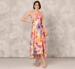 Adrianna Papell Wedding Guest Dresses|Formal Dresses*Multicolor Metallic Floral Print Jacquard High Low Gown With Pockets In Pink Multi