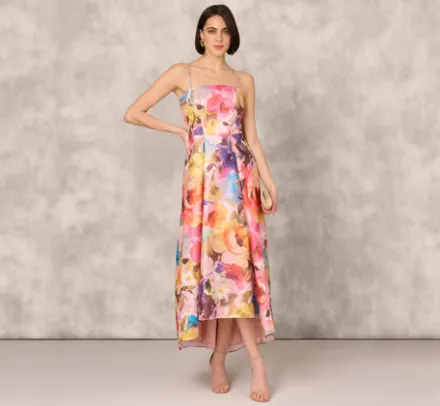 Adrianna Papell Wedding Guest Dresses|Formal Dresses*Multicolor Metallic Floral Print Jacquard High Low Gown With Pockets In Pink Multi