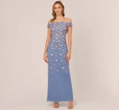 Adrianna Papell Wedding Guest Dresses|Formal Dresses*Off Shoulder Dress With Floral Embellishment In French Blue Coral