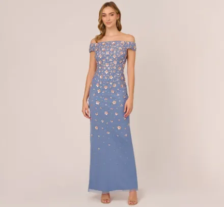 Adrianna Papell Wedding Guest Dresses|Formal Dresses*Off Shoulder Dress With Floral Embellishment In French Blue Coral
