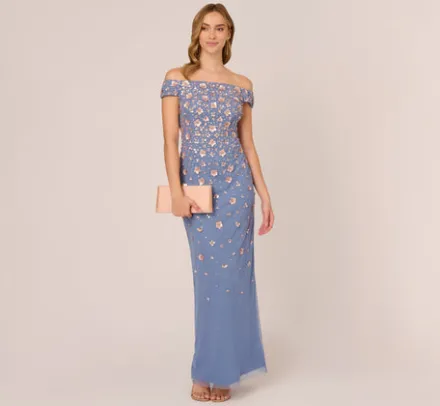 Adrianna Papell Wedding Guest Dresses|Formal Dresses*Off Shoulder Dress With Floral Embellishment In French Blue Coral