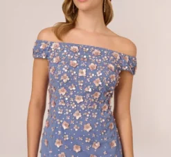 Adrianna Papell Wedding Guest Dresses|Formal Dresses*Off Shoulder Dress With Floral Embellishment In French Blue Coral