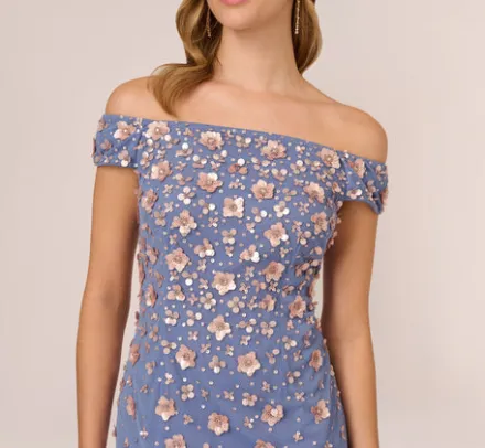 Adrianna Papell Wedding Guest Dresses|Formal Dresses*Off Shoulder Dress With Floral Embellishment In French Blue Coral
