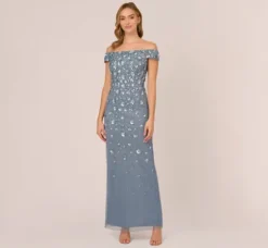 Adrianna Papell Wedding Guest Dresses|Formal Dresses*Off Shoulder Dress With Floral Embellishment In Vintage Blue