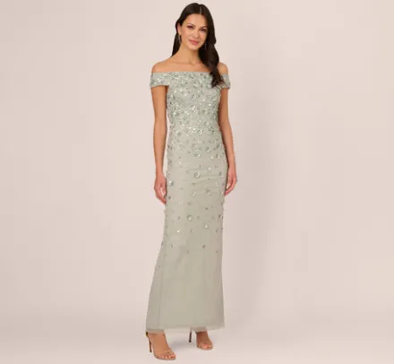 Adrianna Papell Wedding Guest Dresses|Ap Exclusives*Off Shoulder Dress With Floral Embellishment In Frosted Sage