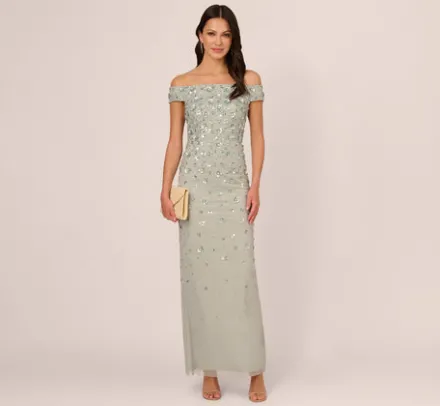 Adrianna Papell Wedding Guest Dresses|Ap Exclusives*Off Shoulder Dress With Floral Embellishment In Frosted Sage