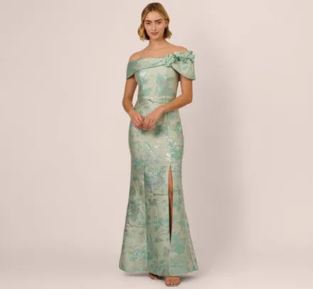 Adrianna Papell Wedding Guest Dresses|Formal Dresses*Off Shoulder Floral Jacquard Mermaid Gown In Icy Sage