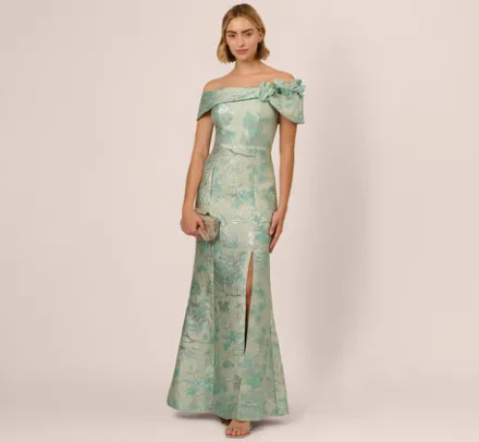 Adrianna Papell Wedding Guest Dresses|Formal Dresses*Off Shoulder Floral Jacquard Mermaid Gown In Icy Sage