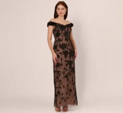 Adrianna Papell Wedding Guest Dresses|Formal Dresses*Off The Shoulder Beaded Column Gown With Rosette Accents In Black Rosegold