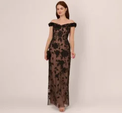 Adrianna Papell Wedding Guest Dresses|Formal Dresses*Off The Shoulder Beaded Column Gown With Rosette Accents In Black Rosegold