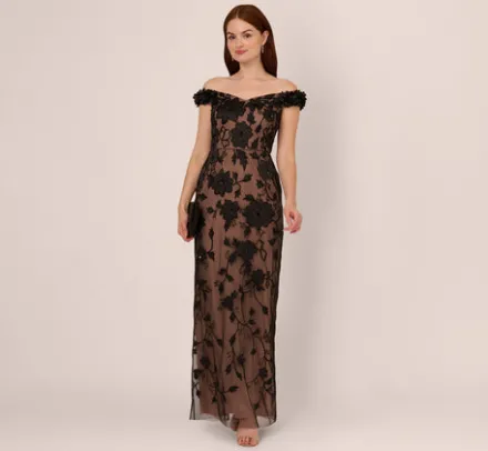 Adrianna Papell Wedding Guest Dresses|Formal Dresses*Off The Shoulder Beaded Column Gown With Rosette Accents In Black Rosegold