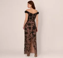 Adrianna Papell Wedding Guest Dresses|Formal Dresses*Off The Shoulder Beaded Column Gown With Rosette Accents In Black Rosegold