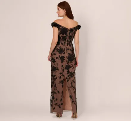 Adrianna Papell Wedding Guest Dresses|Formal Dresses*Off The Shoulder Beaded Column Gown With Rosette Accents In Black Rosegold