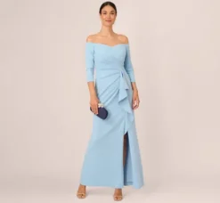 Adrianna Papell Wedding Guest Dresses|Ap Exclusives*Off The Shoulder Cascading Ruffle Gown In Blue Mist