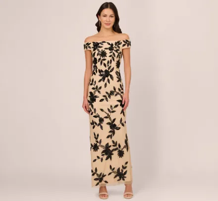 Adrianna Papell Wedding Guest Dresses|Formal Dresses*Off The Shoulder Column Gown With Leaf Beading In Black Nude