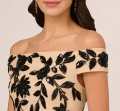 Adrianna Papell Wedding Guest Dresses|Formal Dresses*Off The Shoulder Column Gown With Leaf Beading In Black Nude