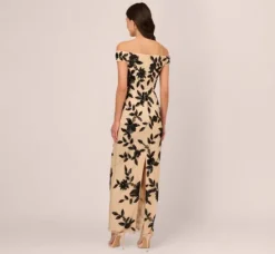 Adrianna Papell Wedding Guest Dresses|Formal Dresses*Off The Shoulder Column Gown With Leaf Beading In Black Nude