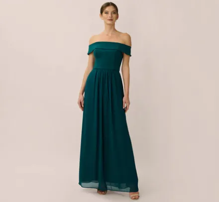 Adrianna Papell Wedding Guest Dresses|Formal Dresses*Off The Shoulder Crepe Chiffon Gown With Soft Skirt In