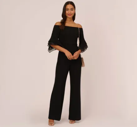 Adrianna Papell Jumpsuits|Dresses With Sleeves*Off The Shoulder Crepe Jumpsuit With Organza Sleeves In