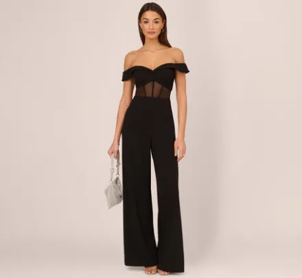 Adrianna Papell Jumpsuits*Off The Shoulder Jumpsuit With Sheer Corset Bodice In