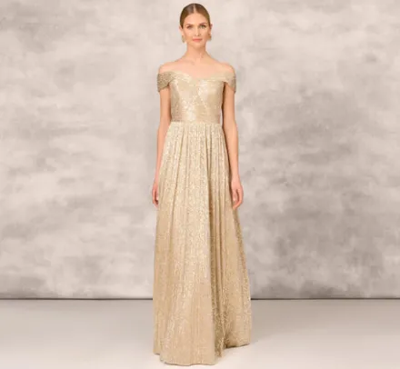 Adrianna Papell Wedding Guest Dresses|Formal Dresses*Off The Shoulder Metallic Foiled Metallic Pleated Mesh Long A-Line Ball Gown In