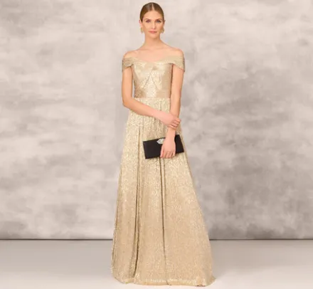 Adrianna Papell Wedding Guest Dresses|Formal Dresses*Off The Shoulder Metallic Foiled Metallic Pleated Mesh Long A-Line Ball Gown In
