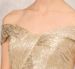 Adrianna Papell Wedding Guest Dresses|Formal Dresses*Off The Shoulder Metallic Foiled Metallic Pleated Mesh Long A-Line Ball Gown In