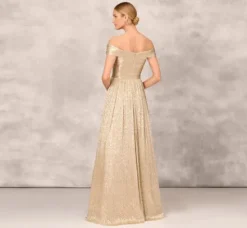 Adrianna Papell Wedding Guest Dresses|Formal Dresses*Off The Shoulder Metallic Foiled Metallic Pleated Mesh Long A-Line Ball Gown In